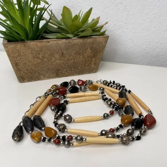 Nine West Boho‎ Statement Beaded Belt/Long Necklace Stone Silver Tone  33-40