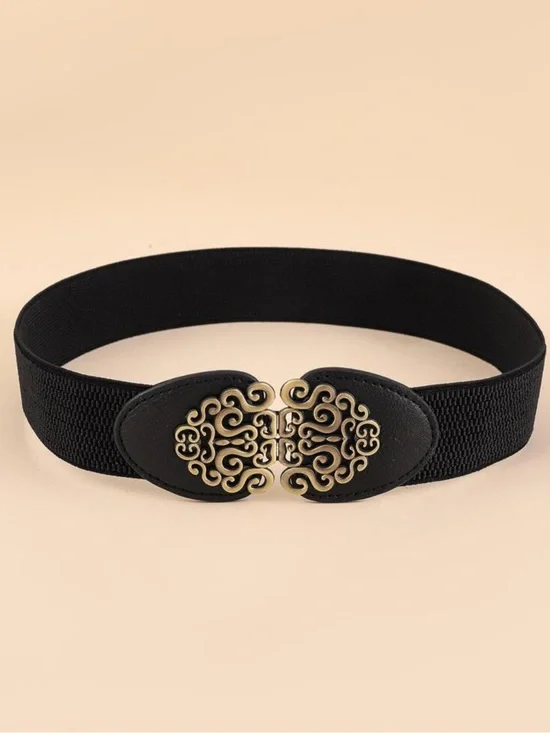 Black Elastic Waist Belt with Decorative Gold Buckle