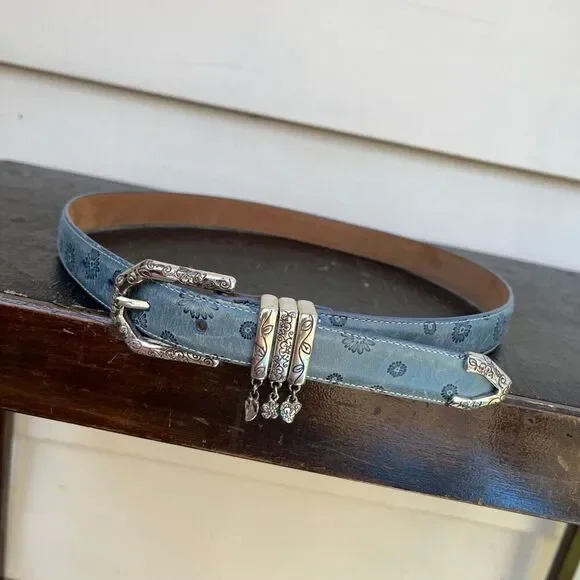Brighton Blue Floral Tooled Leather Belt Charm Western Boho Y2K ML 32