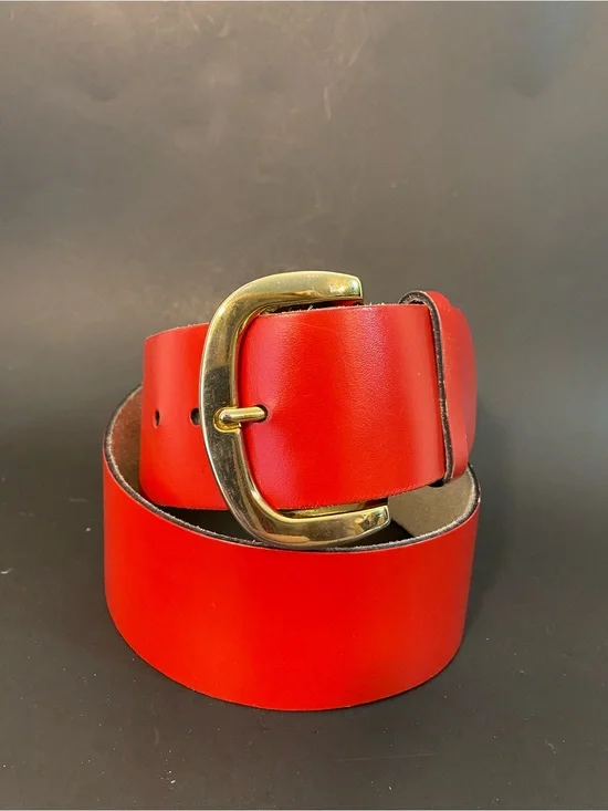 Vintage CALDERON Bright Red Wide Leather Belt with Gold Buckle
