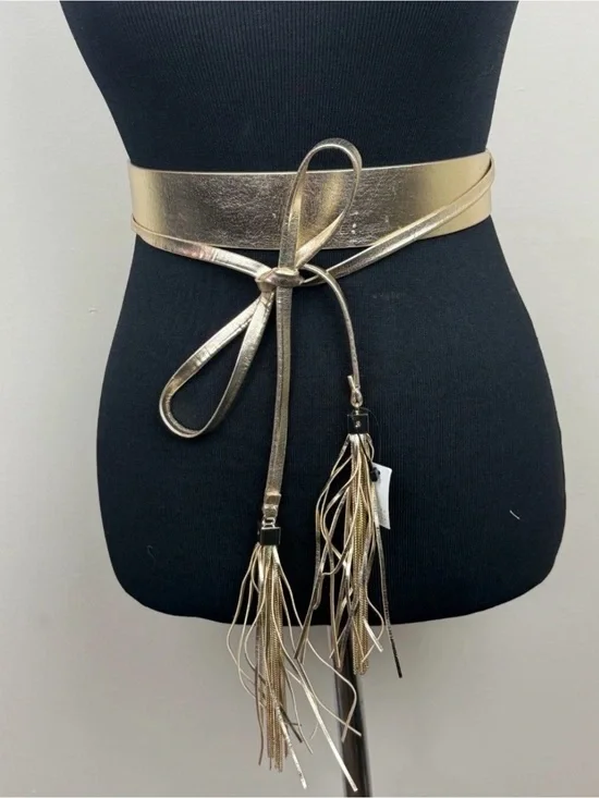 NWT White House Black Market Women's Gold Metallic Fringed Wrap Belt SizeXS/S