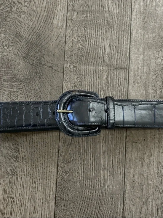 Women’s Navy Blue Croc-Embossed Leather Belt with Round Buckle