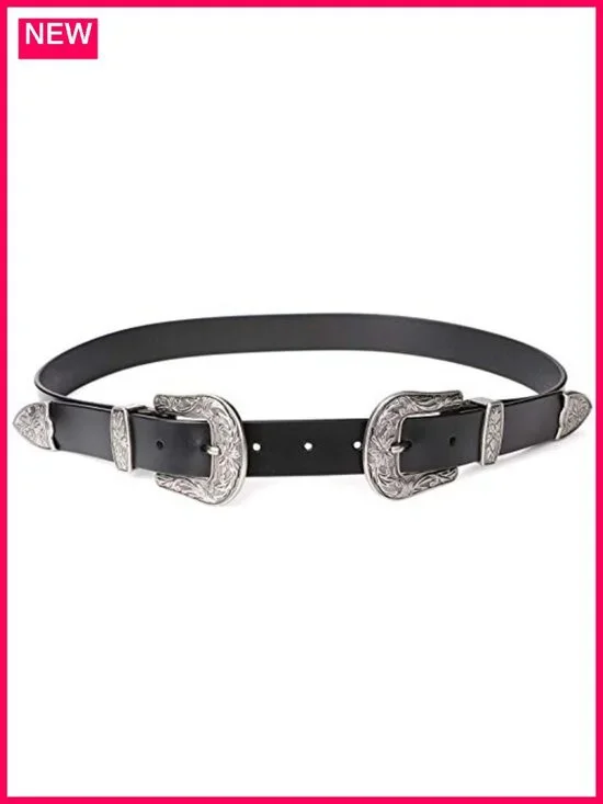 Double Buckle Western Belt Faux Leather Adjustable Country Cowgirl Belt