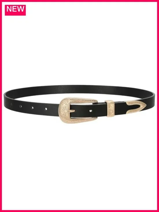Western Skinny Vegan Leather Belt with Carved Buckle for Jeans Dresses
