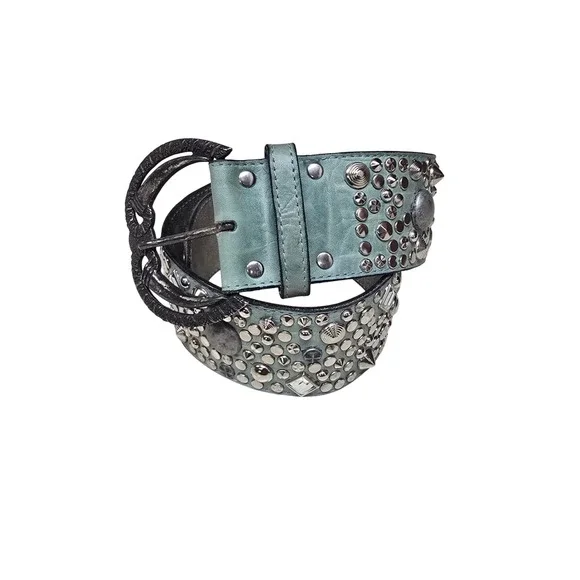 Chad Calvin Designs Teal Leather‎ Studded Belt Western Boho Cowgirl Silver 26
