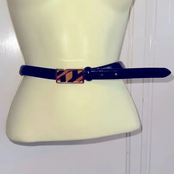 Vtg Talbots thin‎ black leather belt with faux rectangle tortoiseshell buckle