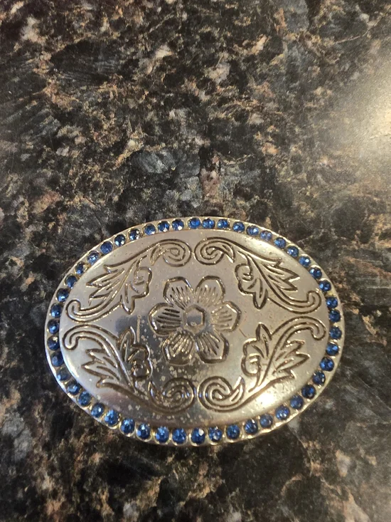 Western Silver Tone Oval Belt Buckle Blue Rhinestone Floral Scroll Cowgirl