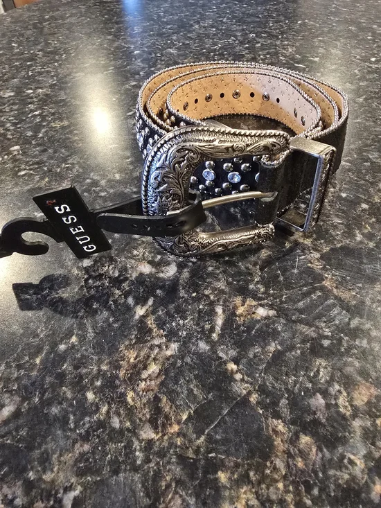 Guess NWT Black Studded Rhinestone Western Belt XL Silver Buckle