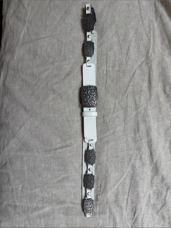 Lorena Antoniazzi White Leather Belt with Ornate Silver-Tone Metal Panels