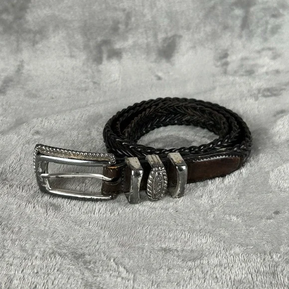 VTG Brighton Dark Brown Braided Belt Size 28 Silver Buckle Western