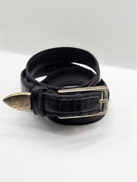 Vintage Faux Lizard Leather Men’s Belt Black Gold Tone Buckle Tip Textured 12P
