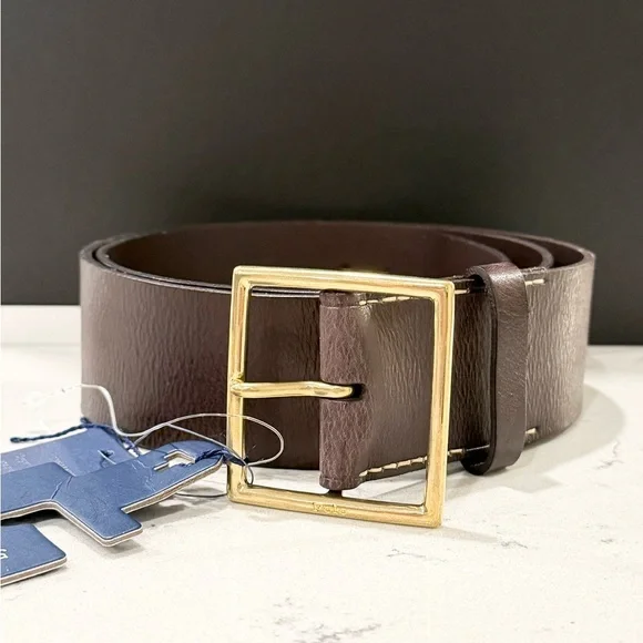 POLO Ralph Lauren Brown Vachetta Leather Square-Buckle Wide Belt, Size Large