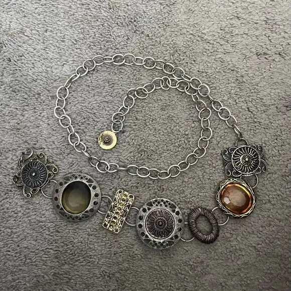 Chico's Concho Belt Boho Chunky Chain Belt Oversized Jewels Silver Tone