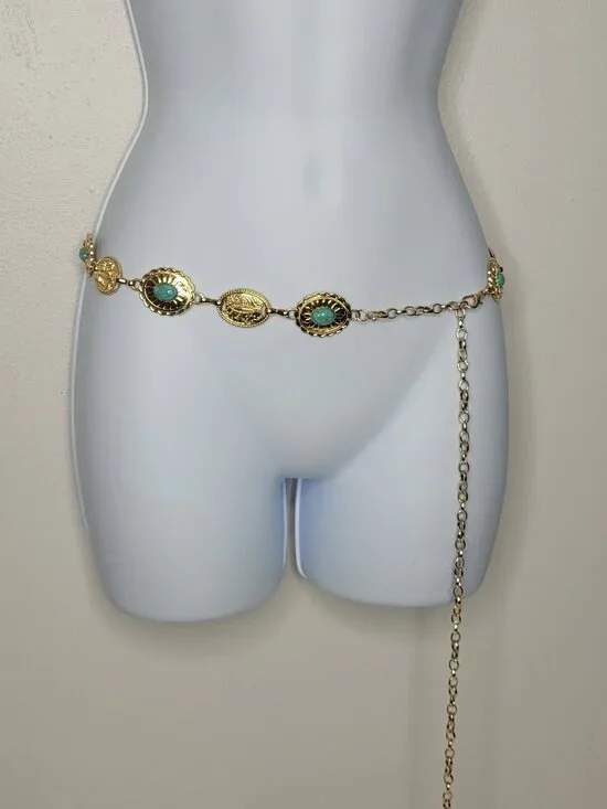Gold tone chain western rodeo boho cowgirl teal rock adjustable belt