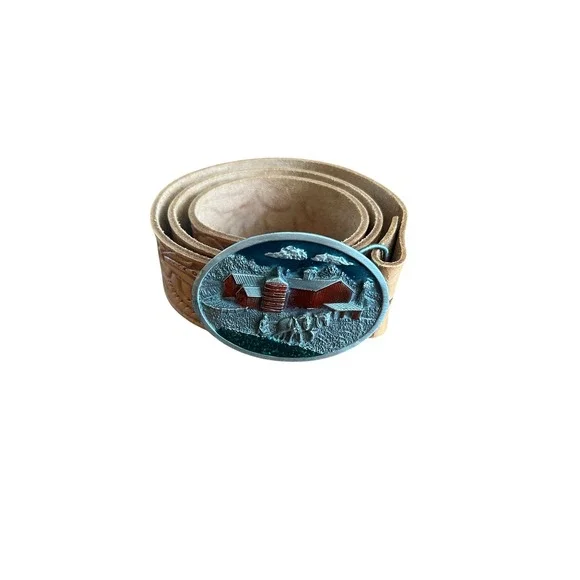 Vintage 1984 Bergamot Brass Works Farm Horse‎ Belt Buckle Tooled Leather Tan