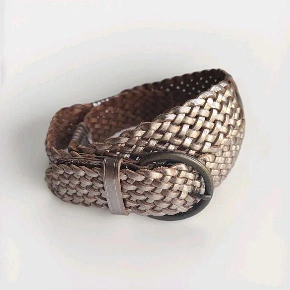 GAP Women's Pale‎ Gold Woven/Braided Leather Belt w/ Round Brass Buckle Size-L