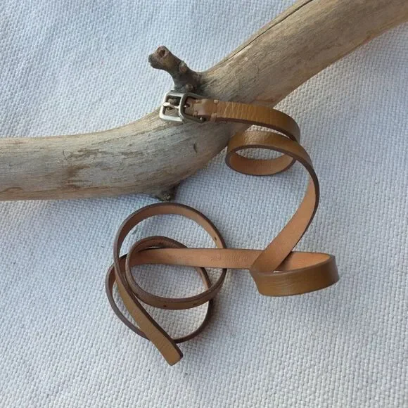 Thin extra long tan 100% leather belt