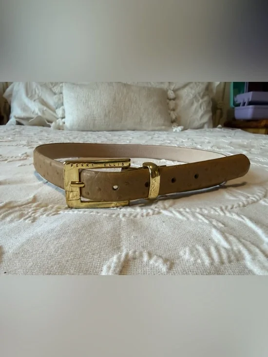 Perry Ellis Women’s Tan Ostrich Embossed Leather Belt Gold Buckle M