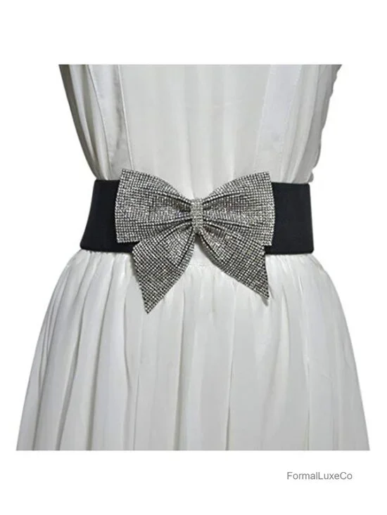 Women's Rhinestone Bow Elastic Peplum Waistband Wide Wedding Party Dress Belt