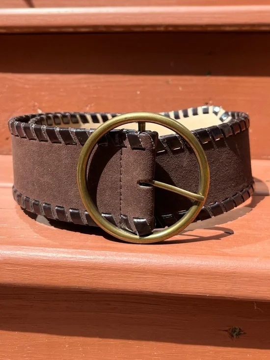 Nine West Genuine Leather Suede Chunky Brown Belt Gold Buckle Boho Festival Y2K
