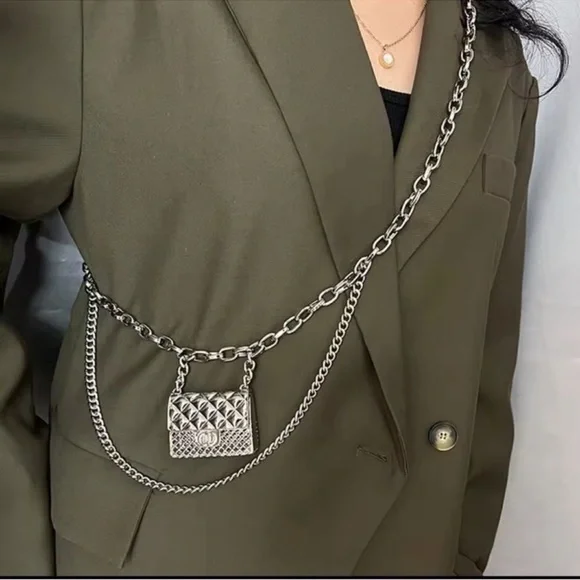 Anthropologie Fashion Tassel Silver Chain Belt with mini Bag Trendy!