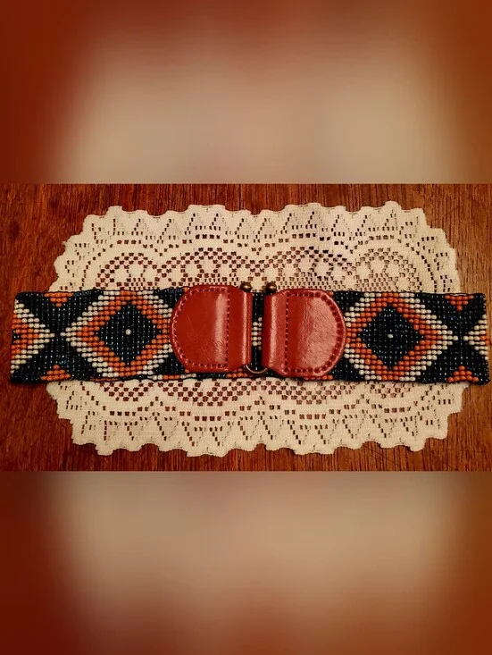 Beaded Stretch Waist Belt with Brown Leather
