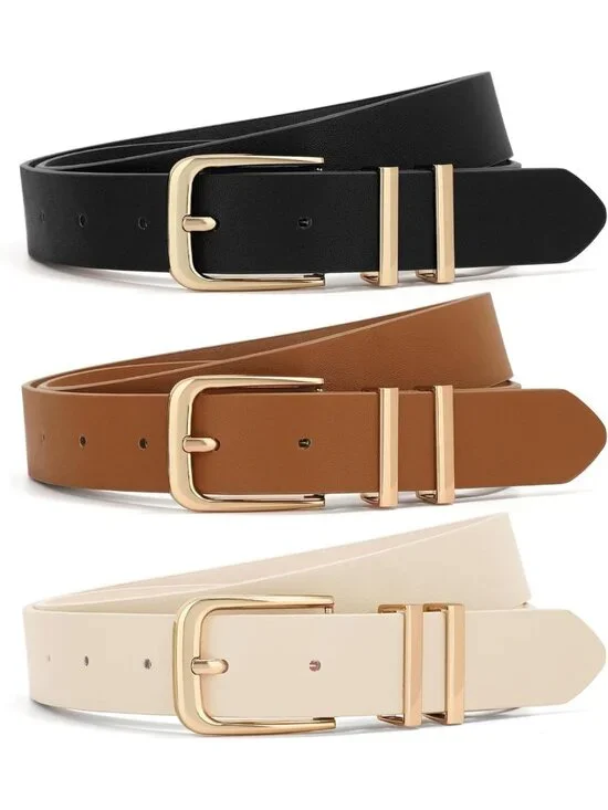 3 Pack Women's Leather Belts for Jeans & Dresses, Gold Buckle Waist Belts