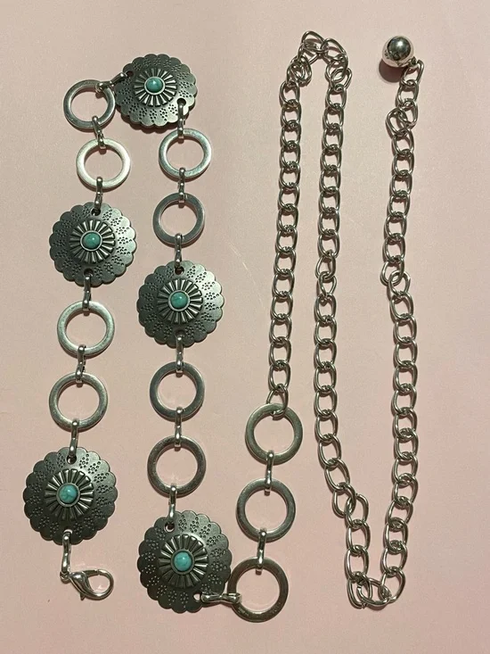 Faux Turquoise Silver Tone Concha Belt #9382 💎