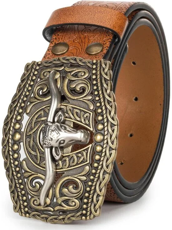 Women's Brown 3 Western Pu Leather Longhorn Bull Turquoise Embossed Buckle Belt