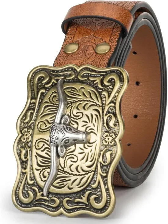 Women's Brown 2 Western Pu Leather Longhorn Bull Turquoise Embossed Buckle Belt
