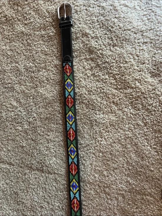 GAP Beaded multi color, western,Black Genuine Leather Belt with Embossed Logo