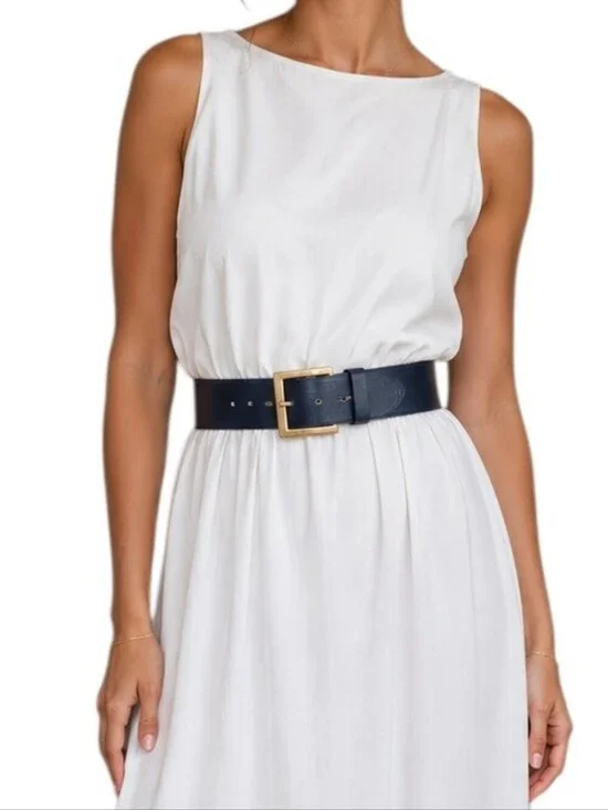 Vintage Amanda Smith Navy Genuine Leather Gold Buckle Waist Belt XL 80s 90s