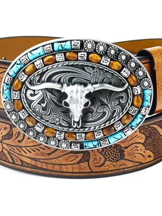 Women's Brown Western Pu Leather Longhorn Bull Turquoise Embossed Buckle Belt