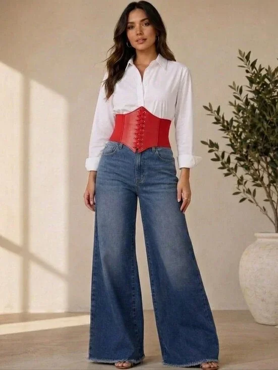 Corset Style Wide Girdle Red Fashion Elastic‎ Faux Leather Skinny Elastic Belt