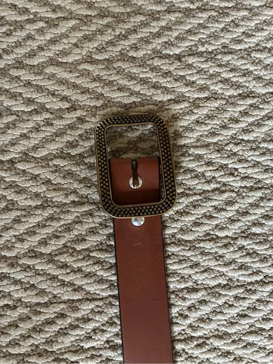 Linea Pelle Brown Leather Belt with Antique Gold Rectangular Buckle
