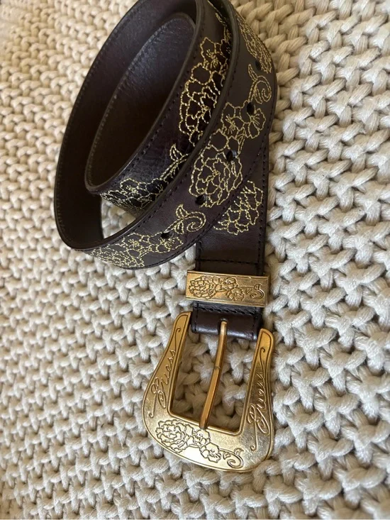 Guess Brown Leather Belt with Gold Floral Embroidery and Gold Buckle