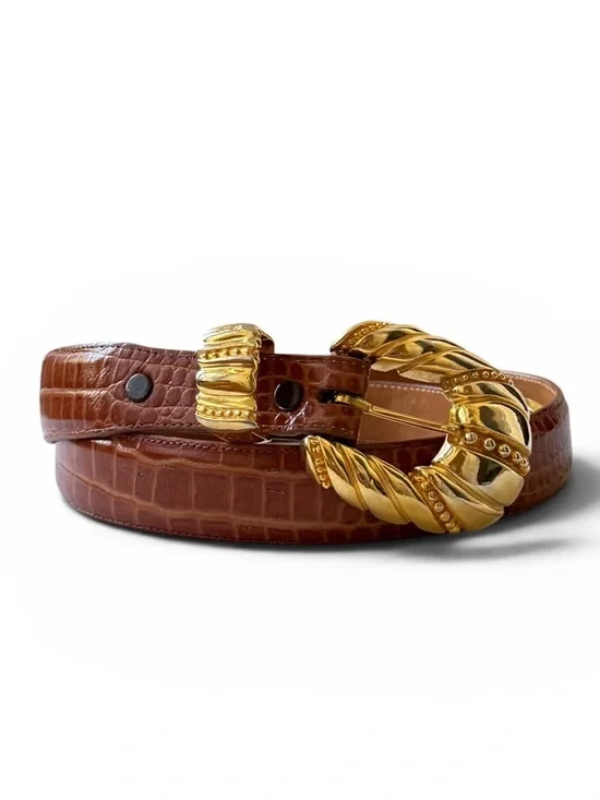 Steve Blinn Brown Alligator Grain Cashmere Cowhide Belt with Ornate Gold Buckle