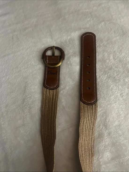 Fossil Women’s  Beige Woven Elastic Belt with Brown Leather Trim