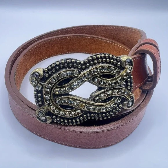 VTG Leatherock‎ Leather Statement Belt XS Brown Western Glam Festival Boho-Chic