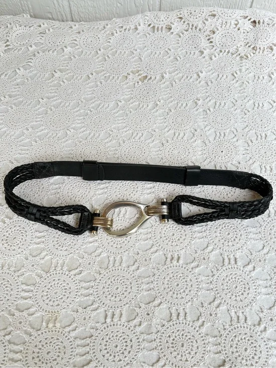 Vintage 90s Black Braided Elastic Waist Belt with Silver-Tone Horsebit Accent