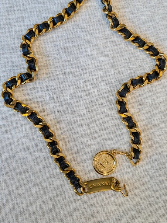 Chanel Gold-Tone Chain Necklace with Black Leather Weave