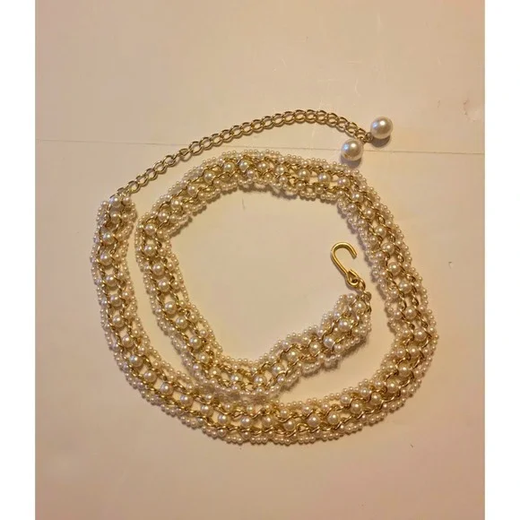VTG Pearl Chain Belt Glam Coquette Aesthetic Gold Tone‎ White Women OS