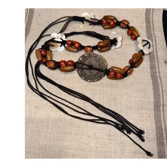 Boho Macrame Cord Belt Wood Beads Mother of Pearl Shell Chinese Zodiac Medallion