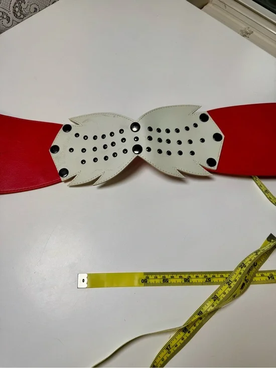 Vintage Wide Red Leather Belt with White Studded Bow, Mid Century Rockabilly