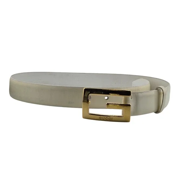 Gucci White Patent Leather G Logo Buckle Belt Gold Tone Vintage 70 28 036-1406