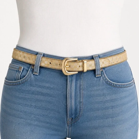 Elite Western Checkerboard Belt Womens XL Gold Metallic Ball Chain Trim GLAM