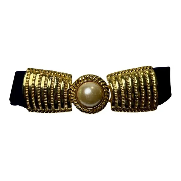 Day-Lor USA Vintage Navy Blue Elastic Cinch Belt‎ Gold Faux Pearl Buckle Retro