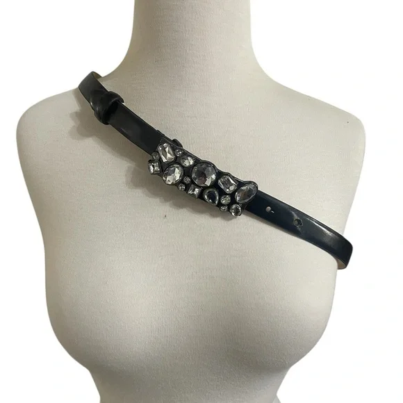 Black Crystal-Embellished Belt Buckle Leather Belt