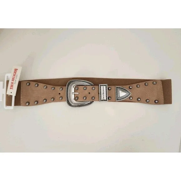 True Religion Women's Stretch Studded‎ Corset Belt Adjustable Beige Size M/L