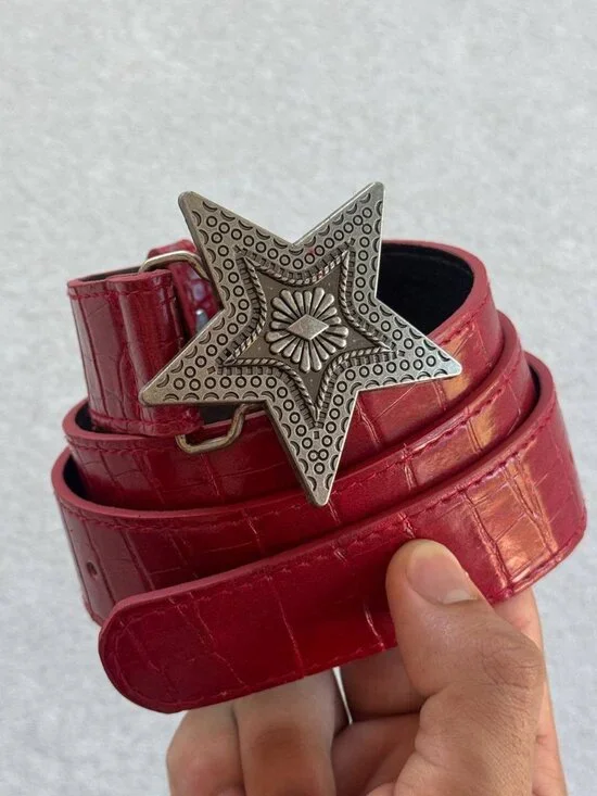 Red Faux Croc Western Star Buckle Belt